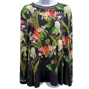 Johnny Was Women's Large The Janie Favorite Long Sleeve Crew Neck Swing Tee Iris